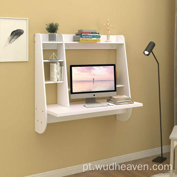Mesa flutuante fixada na parede para computador com prateleiras de madeira